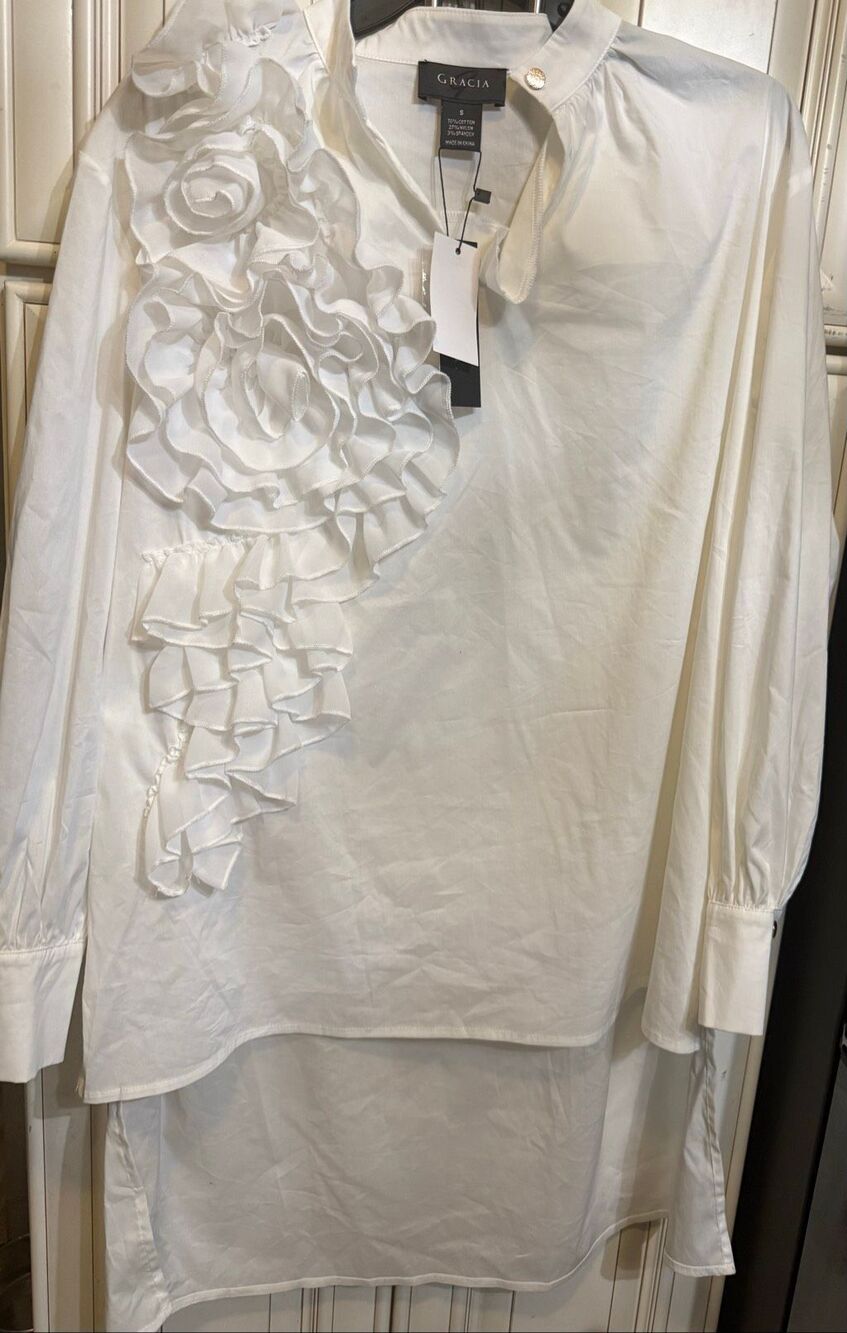 Gracia Womens Ruffle Asymmetrical Hi-low Long Sleeve Tunic Shirt White Small NWT
